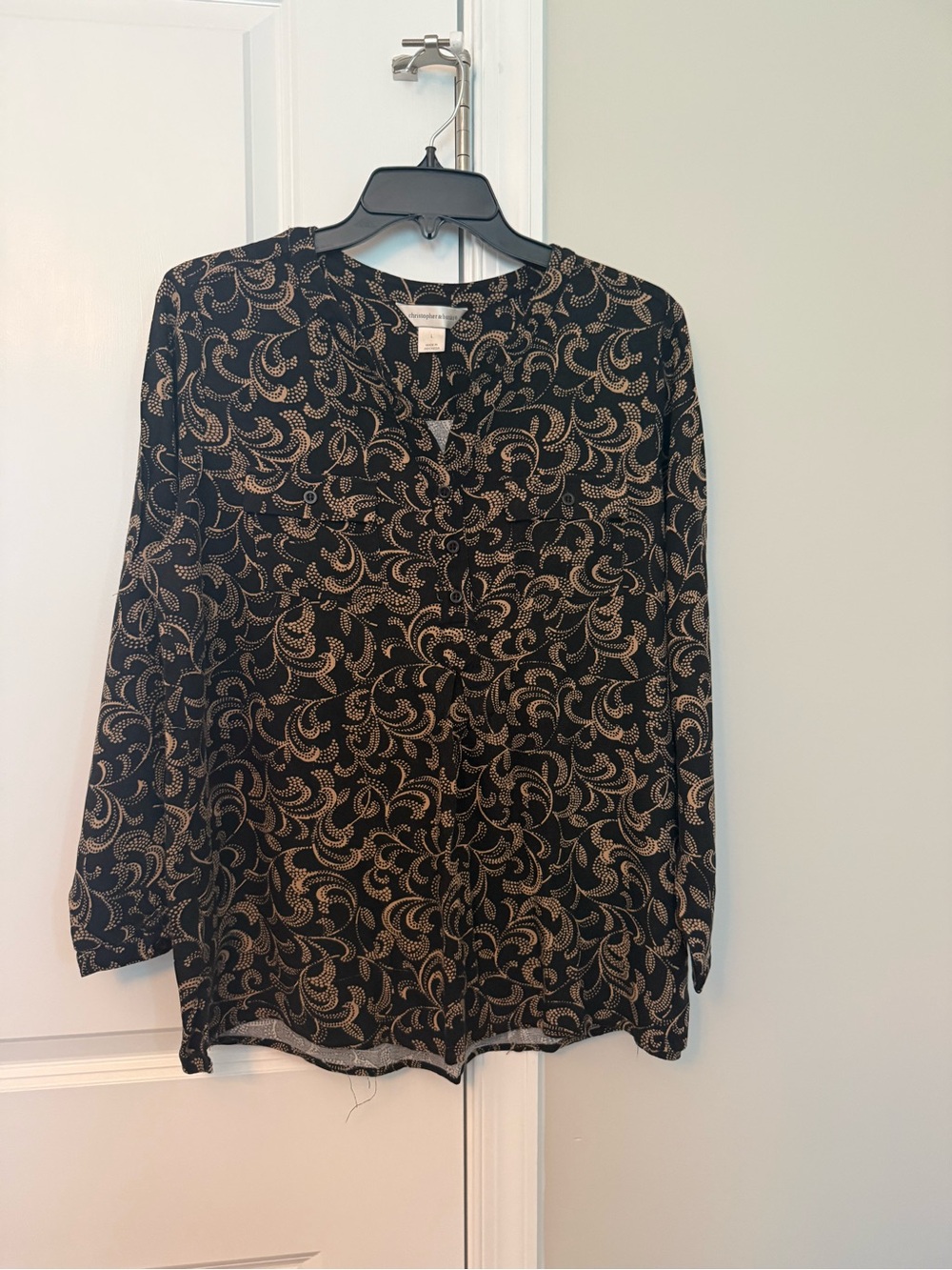Christopher & Banks Black Blouse with Gold Paisley Print